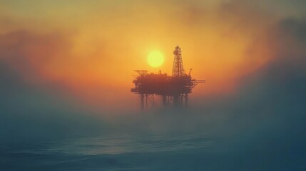 Obraz premium Offshore oil rig at sunset in foggy sea.