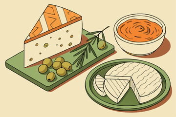  Cheese platter, large triangular cheese wedge, sliced cheese, green olives, bowl of orange dip, green plate, photorealistic, food photography, detailed textures, appetizing, gourmet presentation, w