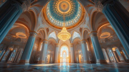 Obraz premium an interior space with a high dome, decorated with intricate designs, and a sparkling chandelier at its center, radiating light across the lavish room.