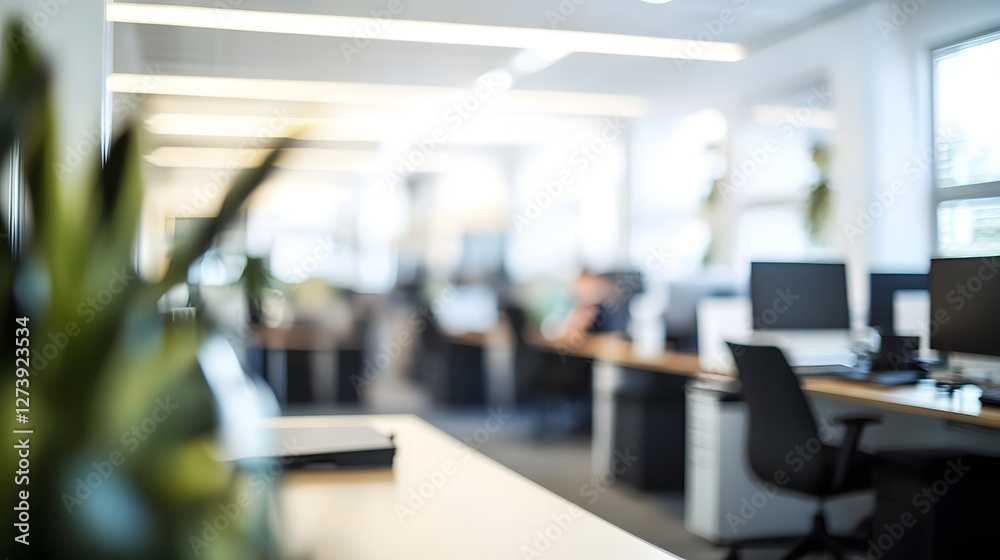 Poster modern office space with blurred background and greenery elements