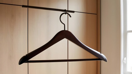 A wooden hanger hanging from a metal rod inside a wardrobe or closet. The background has a soft lighting effect.