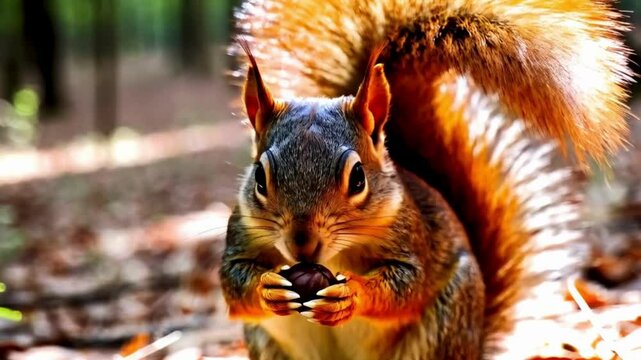 Squirrel animation high resolution cinematic Creative 4k video, Portrait of a Grey squirrel eating nut on a tree, aminol on the grass , Squirrel background wildlife,film - moving image 

