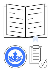 Open book with a blue bookmark, checklist with checkmark, oak leaf emblem in a circular frame. Ideal for education, learning, study, certification, training, knowledge sharing abstract line flat