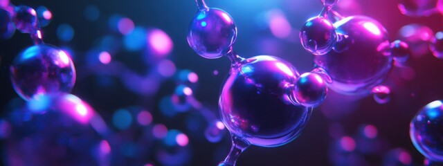 Futuristic neon atomic structure glowing in blue and purple against black backdrop. Generative AI