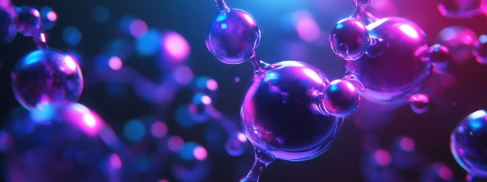 Futuristic neon atomic structure glowing in blue and purple against black backdrop. Generative AI - Powered by Adobe