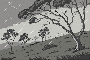  Stormy landscape, wind-swept trees, dark ominous sky, heavy rain, moody atmosphere, bent trees, gale force winds, dramatic weather, misty forest, nature's fury, atmospheric scene, green foliage, tu