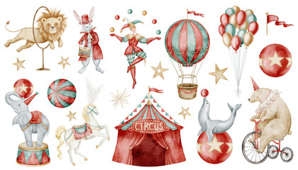 Watercolor Circus set with animals, a tent, performers and hot air balloon. Watercolor illustration of lion, horse and elephant for childish greeting cards or Baby shower invitations. Art for poster.