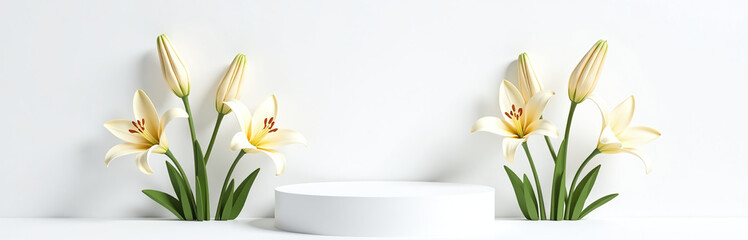 Obraz premium Elegant Podium With Stylized Easter Lilies, White Background Detailed Petals, Excessive Shading 00002