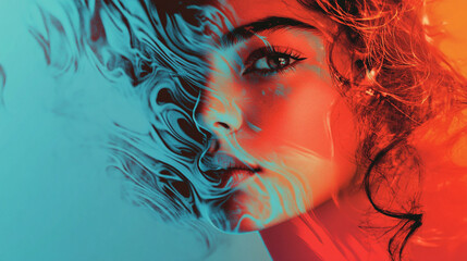 Fototapeta premium Creative portrait of a woman with dual color effect and abstract smoke, suitable for artistic displays