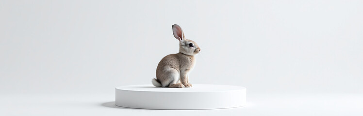 Obraz premium Minimalist Podium Decorated With A Single Stylized Bunny, White Background Realistic Fur, Complex Shading 00002