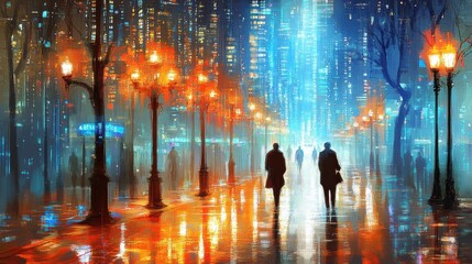 Obraz premium Abstract City Street at Night with Pedestrians Warm Lamplight and Cool Reflections in the Rain