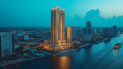 Fototapeta premium Coastal Cityscape Dusk,Luxury Hotel,Boat,Water