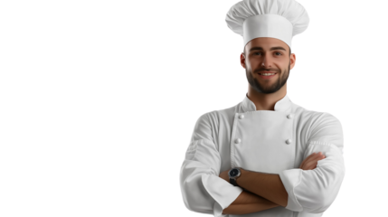 Chef in a traditional white uniform and tall hat, arms crossed, confident smile, isolated on a transparent background