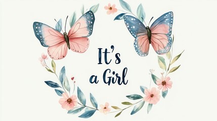 Watercolor butterflies and flowers announce "It's a Girl!".