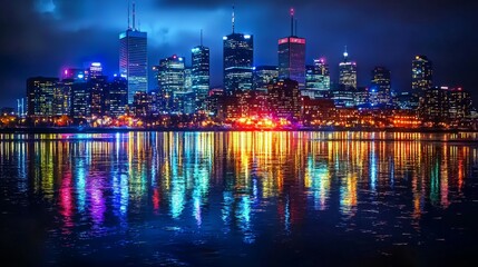 Vibrant Night Skyline Reflection Over Water in Modern Cityscape