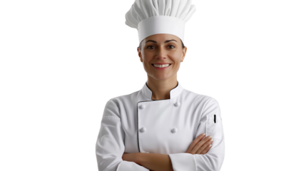 Chef in a traditional white uniform and tall hat, arms crossed, confident smile, isolated on a transparent background