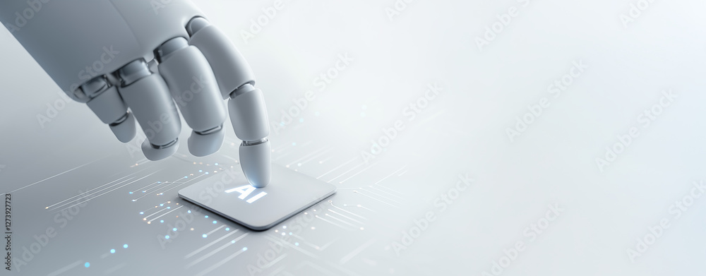 Wall mural ai robot finger touches a ai chip futuristic circuit board. artificial intelligence technology conce