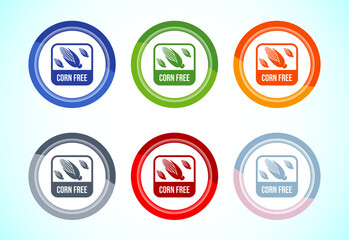 Corn free icon design illustration. Natural products, allergens, Food Intolerance. 6 color button design set