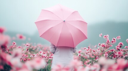 Woman with pink umbrella in pink flower field.