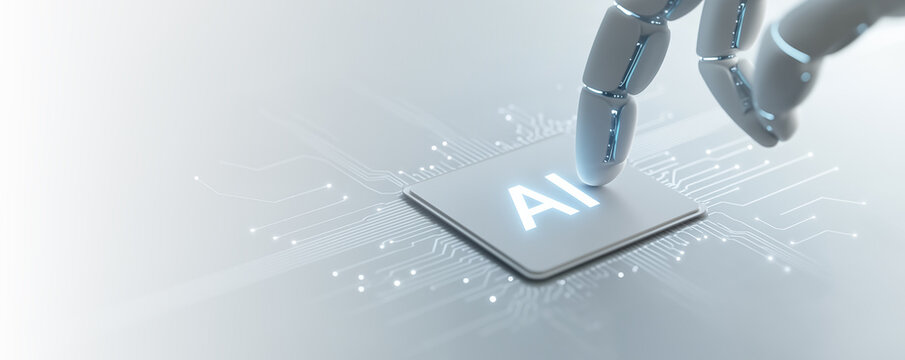 AI robot finger touches a AI chip futuristic circuit board. Artificial intelligence technology concept. Light grey background. Web banner