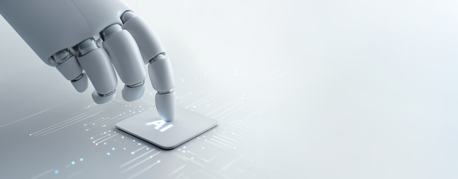 AI robot finger touches a AI chip futuristic circuit board. Artificial intelligence technology concept. Light grey background. Web banner