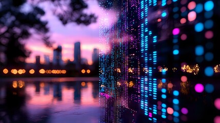 Obraz premium Futuristic city skyline reflected in water with digital LED wall display creating cyberpunk atmosphere in purple and blue colors at dusk. Modern urban technology concept.