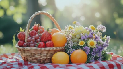 Naklejka premium A picnic setting filled with a woven basket of strawberries, lemons, grapes, and vibrant flowers resting on a red and white checkered blanket under the warm sun.