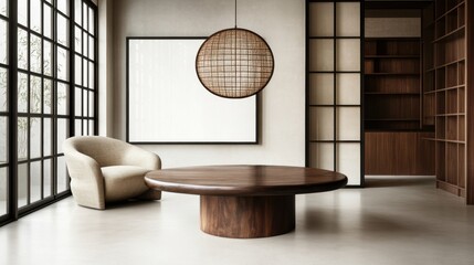 Warm Interior with Armchair Circular Wood Coffee Table and Window with Natural Light