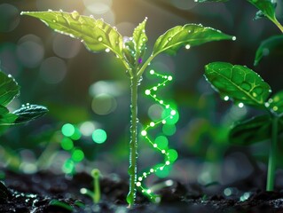 Glowing DNA nodes on plant sprout with water droplets in natural lighting