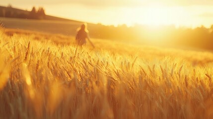 Obraz premium Golden Wheat Field at Sunset with Silhouette of a Walking Figure