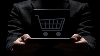 Person in Dark Suit Holding Smartphone with Shopping Cart App in Dark Background