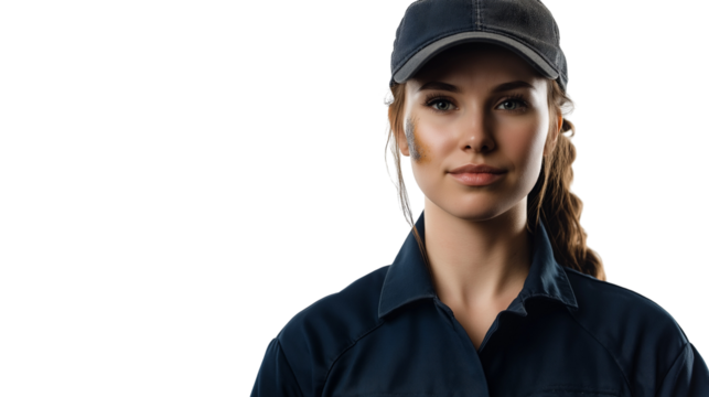 Female mechanic in a navy blue uniform, slight grease stain on her cheek, confident and capable, isolated PNG 