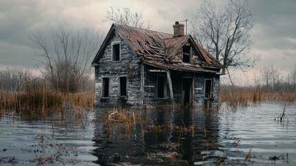 Abandoned House Surrounded by Water in a Desolate Landscape