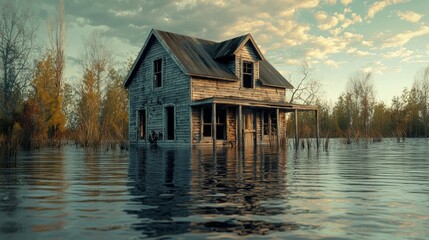 Abandoned House Surrounded by Floodwaters and Overgrown Vegetation