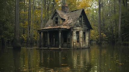 Fototapeta premium Abandoned House Surrounded by Water and Forest in Autumn Scenery