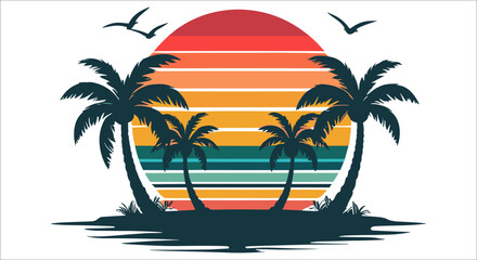 Vintage striped sunset with island palm tree silhouettes, Tropical sunset over beach island with birds flying and palms vector, Palm tree silhouettes on tropical beach with sunset background