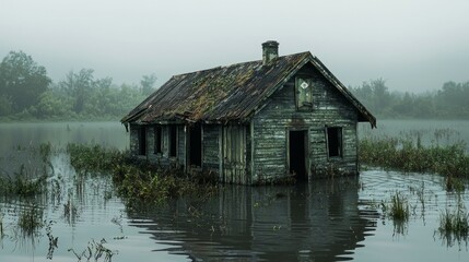 Obraz premium Abandoned Wooden House Surrounded by Flooded Water and Fog