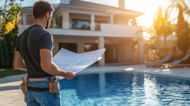 Contractor reviewing blueprints by poolside of luxury home.