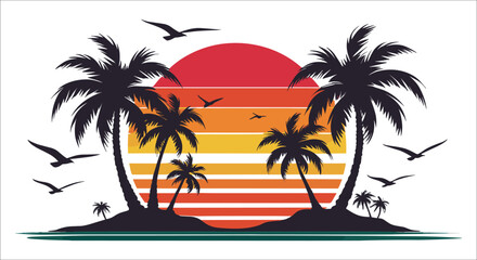 Tropical island sunset with palm trees and birds, Retro sunset with palm tree silhouettes on an island vector, Retro palm trees on an island with sunset, Tropical sunset with palm trees silhouettes