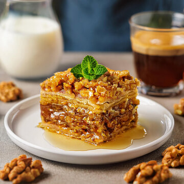 A slice of honey and walnut Marlenka cake sits on a white plate, garnished with crushed nuts and a mint leaf, accompanied by coffee and milk in the background.