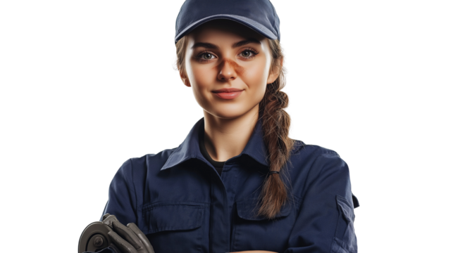 Female mechanic in a navy blue uniform, slight grease stain on her cheek, confident and capable, isolated PNG 