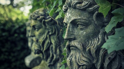 Obraz premium Ancient Stone Statues Surrounded by Greenery in Garden Setting
