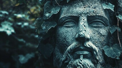 Stone Head Sculpture Surrounded by Green Ivy in Serene Nature Setting