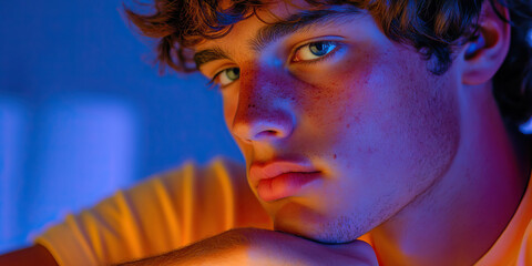 Portrait of Young Man with Curly Hair, Orange Shirt, Blue and Orange Lighting