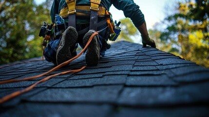 Roofer inspecting asphalt shingle roof with safety harness and rope, ensuring residential maintenance, repair, and safety protocols in place, background with trees.