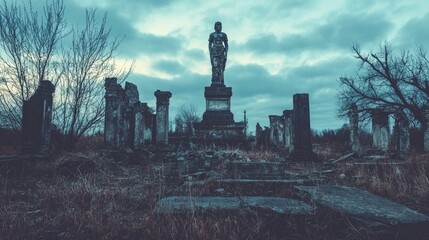 Fototapeta premium Abandoned Statue Surrounded by Ruins in Gloomy Landscape