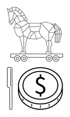 Geometric Trojan horse on wheels, coin with a dollar sign, and vertical knife. Ideal for cybersecurity, financial fraud, hacking, digital risks, deception, defense strategies abstract line flat