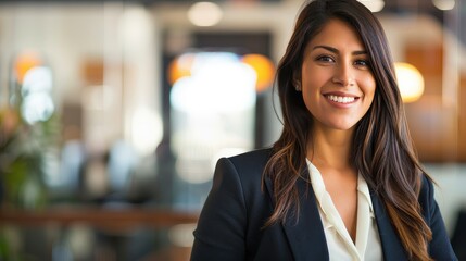 Confident professional woman smiling in office setting portrait.