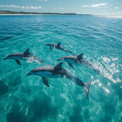 Naklejka premium A playful scene of a group of dolphins swimming together in clear turquoise waters under a bright sky