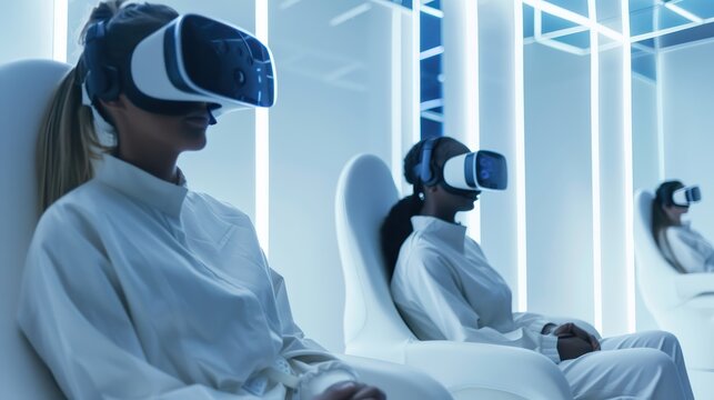 Professionals immersed in virtual reality in futuristic white lab setting